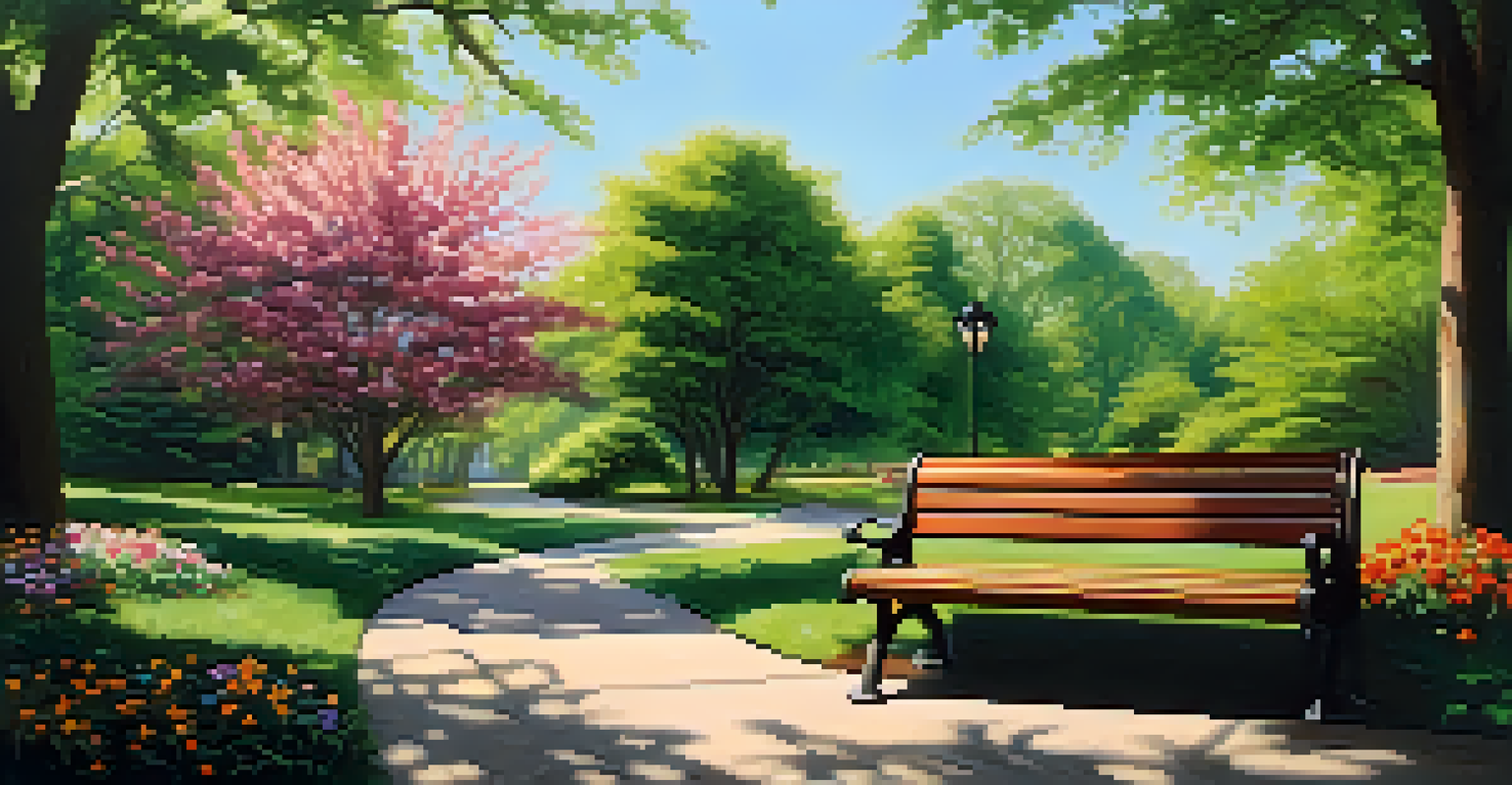 A serene park bench surrounded by greenery and flowers, with sunlight filtering through the leaves.
