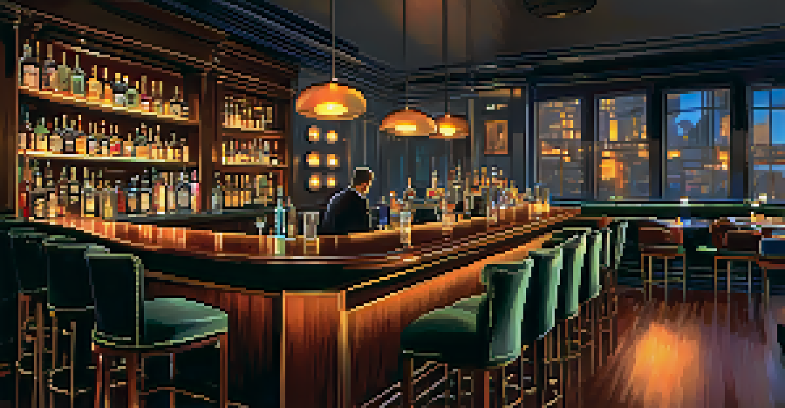 An elegant indoor rooftop bar with a speakeasy vibe, featuring plush seating and a polished wood bar with colorful cocktails.