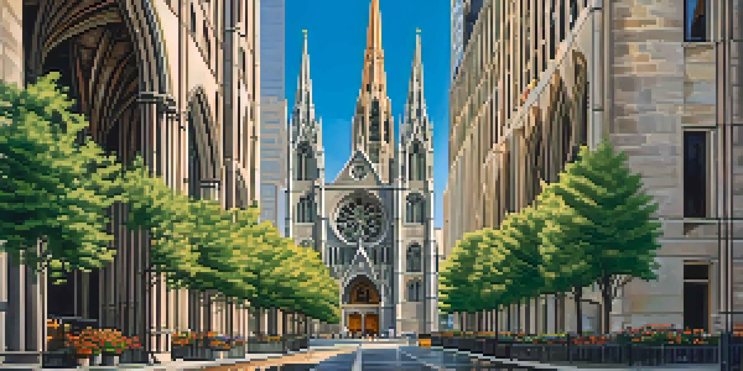 A view of St. Patrick's Cathedral with its tall spires and detailed stonework, illuminated by warm sunlight during sunset.