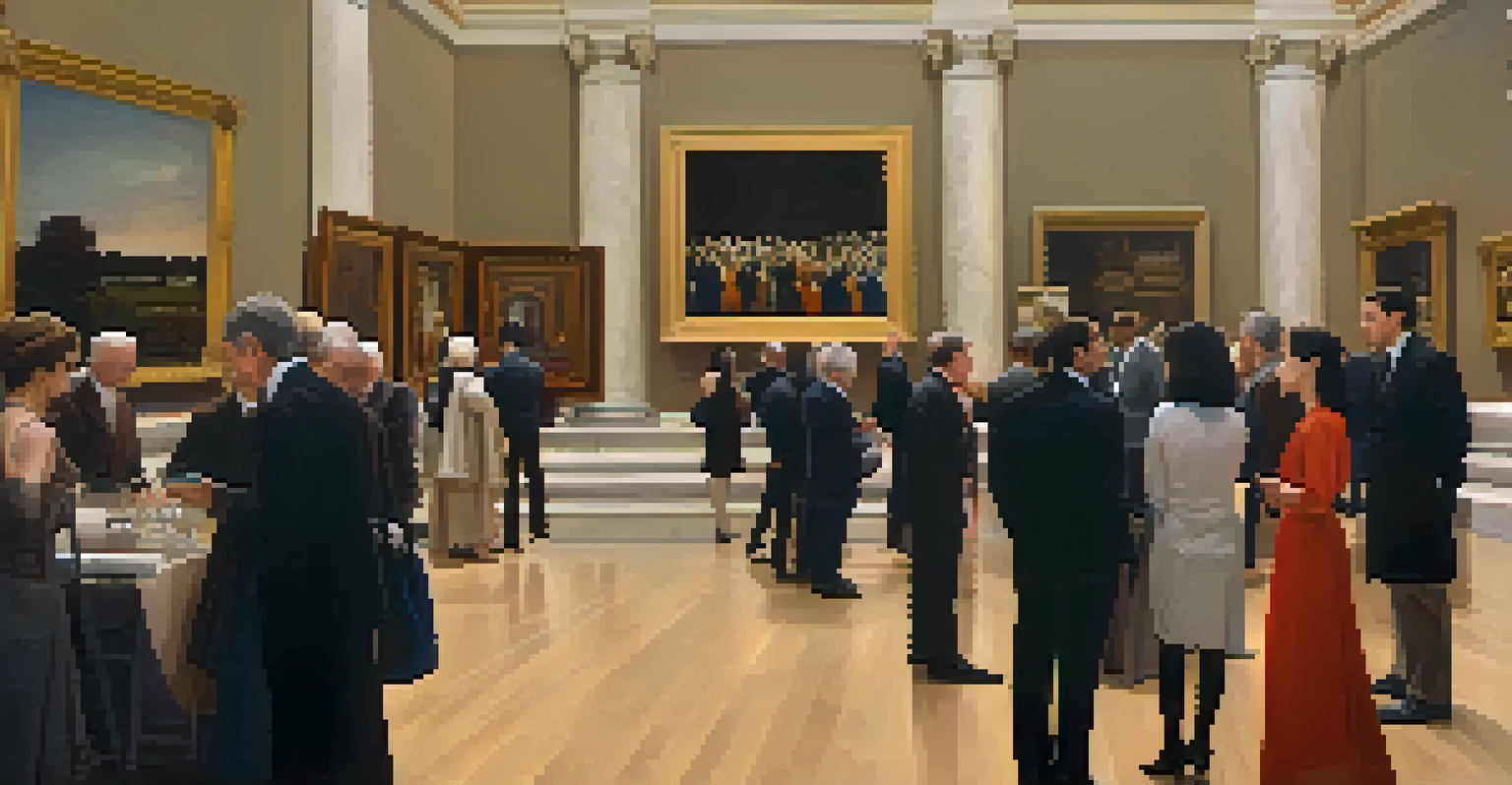 Attendees at a cultural event in the Metropolitan Museum of Art, engaging with art exhibitions in a beautifully lit setting.