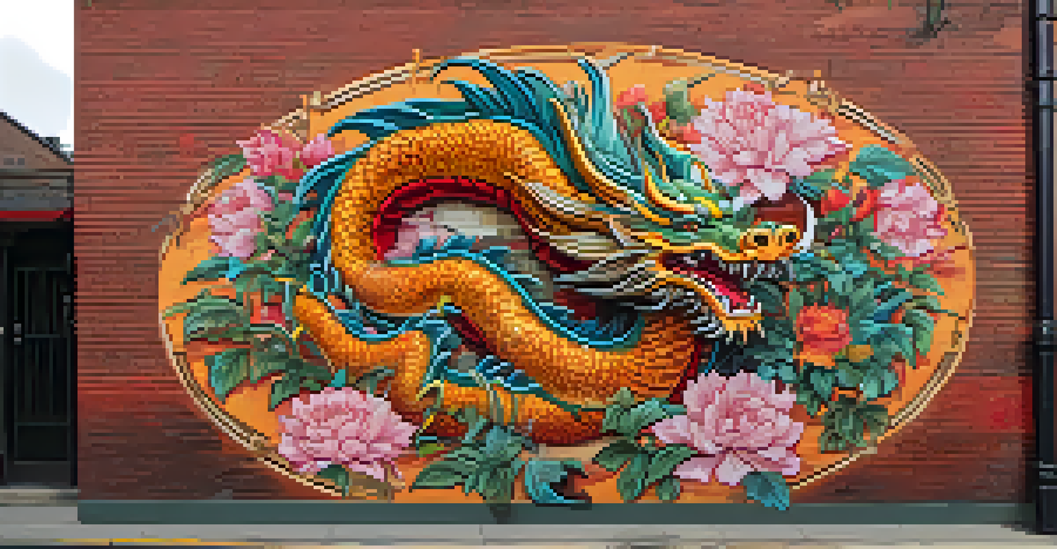 A colorful mural of a dragon and flowers on a brick wall in Chinatown, representing the cultural heritage of the community.
