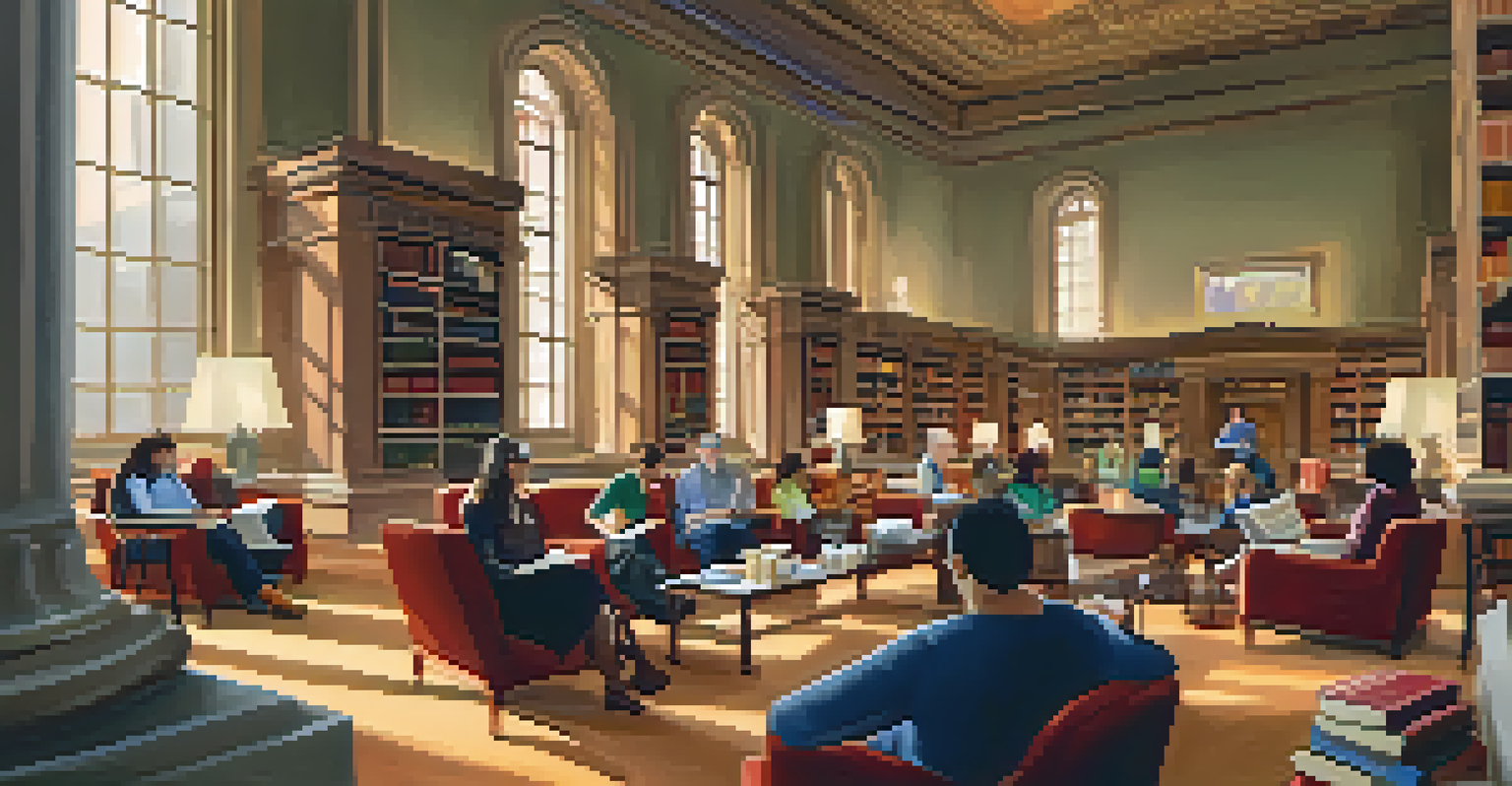 Participants in a cozy library discussing a book in a warm reading room filled with bookshelves.