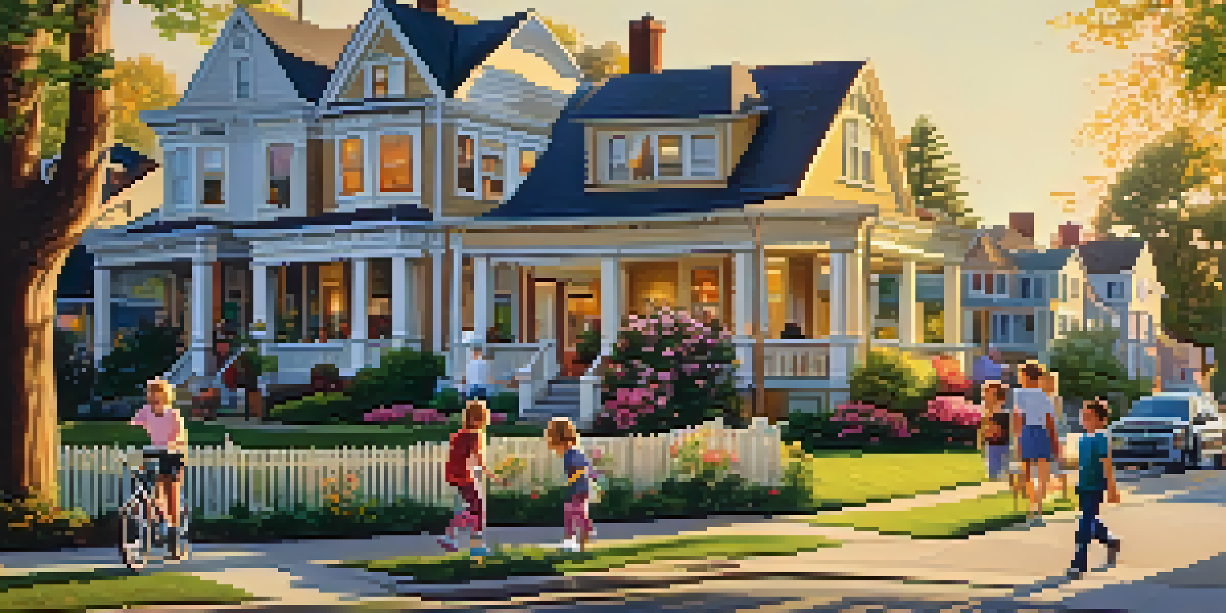A picturesque suburban neighborhood with families walking, children playing, and flowers in bloom, illuminated by the warm glow of the setting sun.