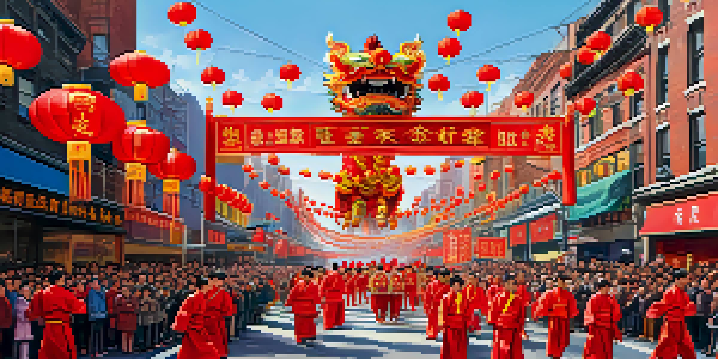 A lively Lunar New Year Parade in NYC with dragon and lion dancers, colorful decorations, and a diverse crowd enjoying the festivities.