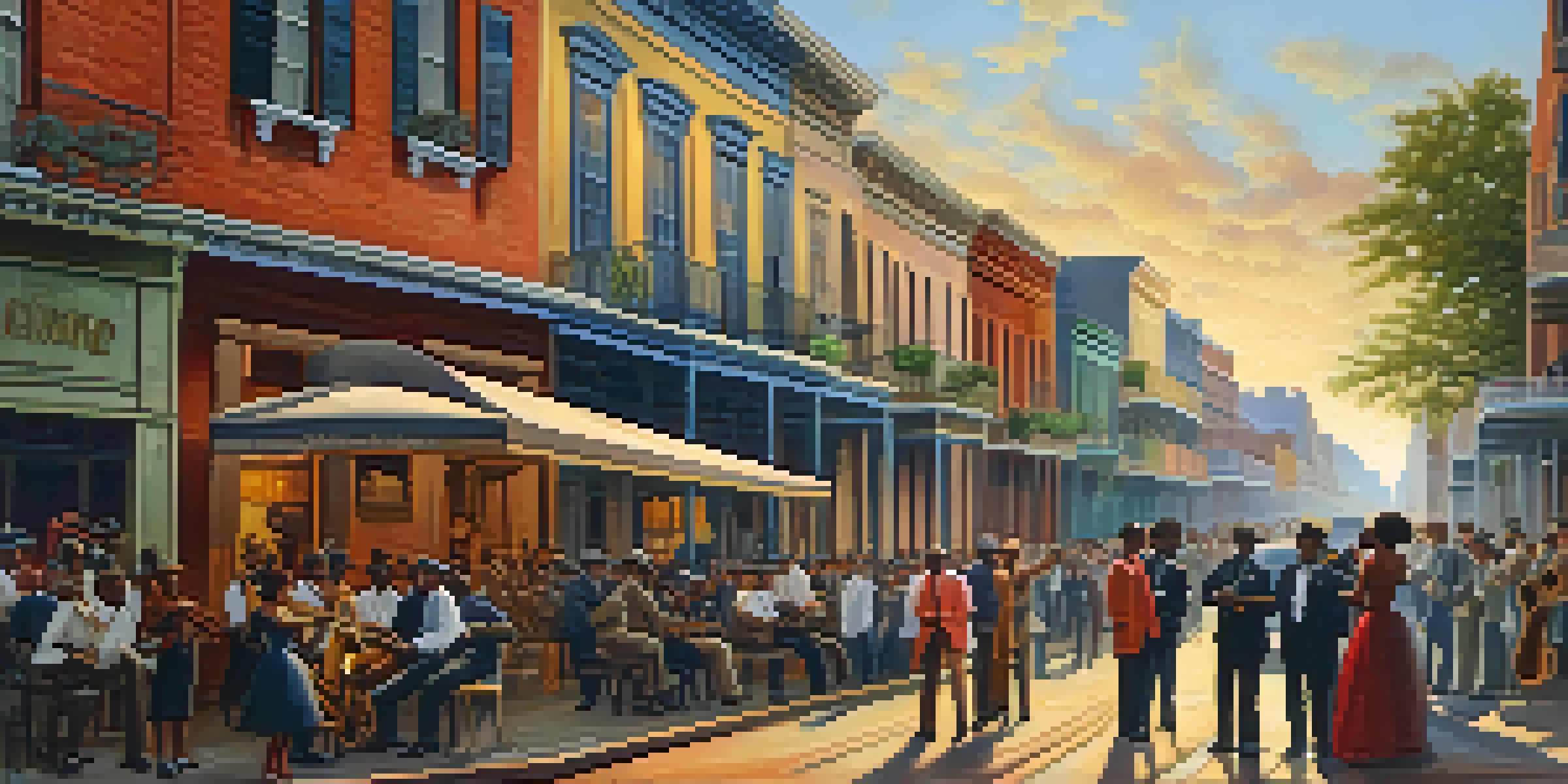 A lively street scene in early 1900s New Orleans with musicians playing jazz and a young Louis Armstrong with a cornet.