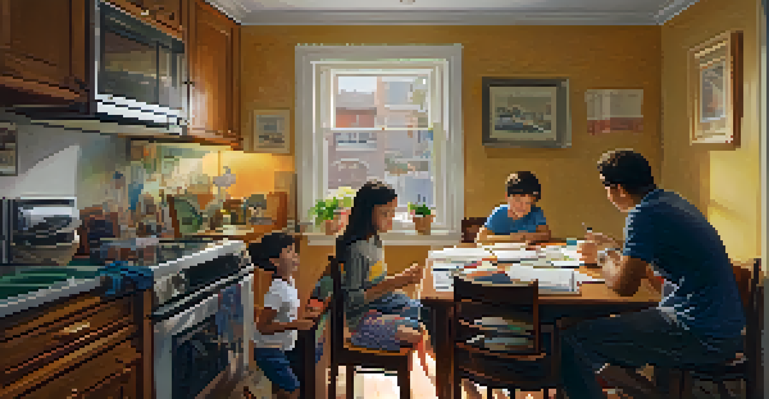 A family of four in a small, cluttered apartment, with children doing homework and parents discussing bills, illuminated by warm light from a window.