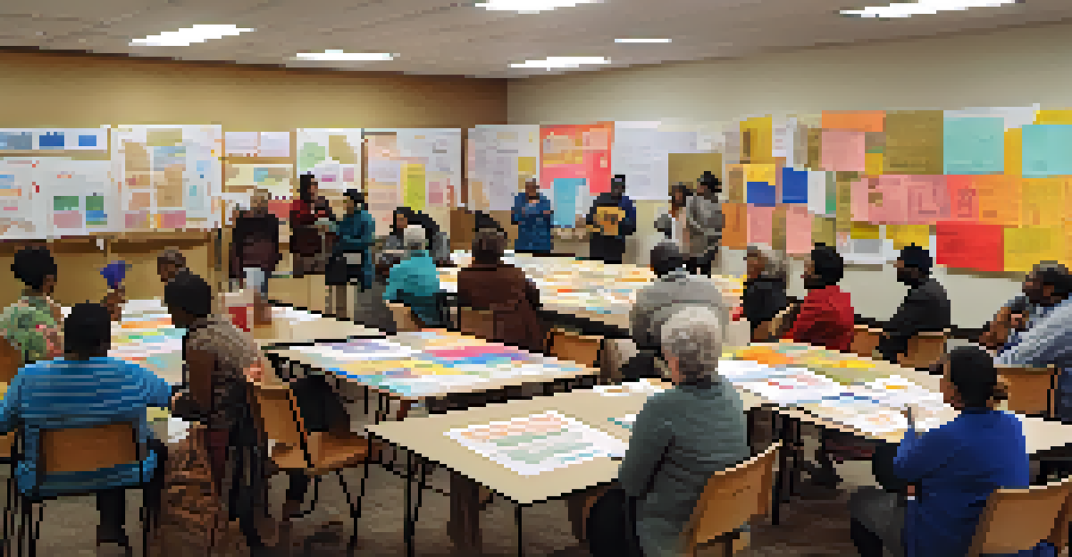 Residents engaged in a participatory budgeting workshop, brainstorming ideas on large paper sheets in a colorful community center.