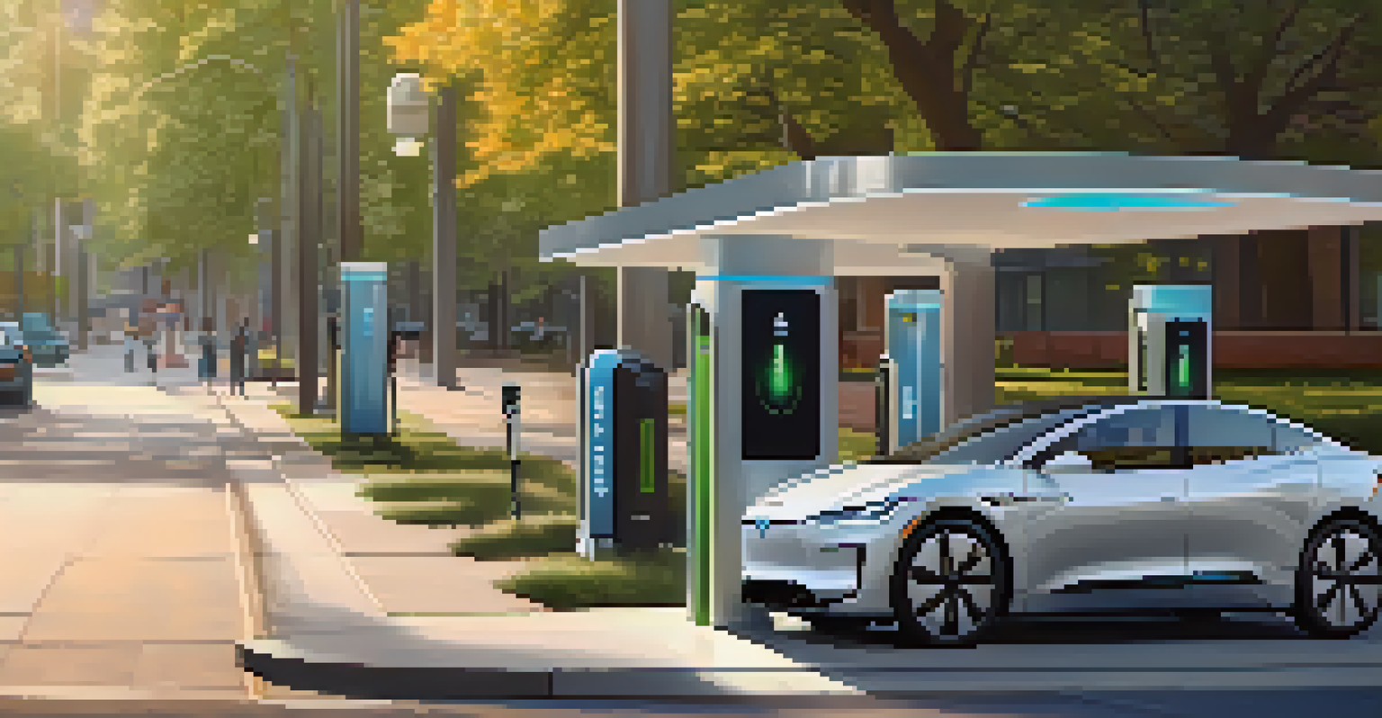 An electric vehicle charging station in an urban area with cars charging and pedestrians nearby, showcasing sustainable transportation.