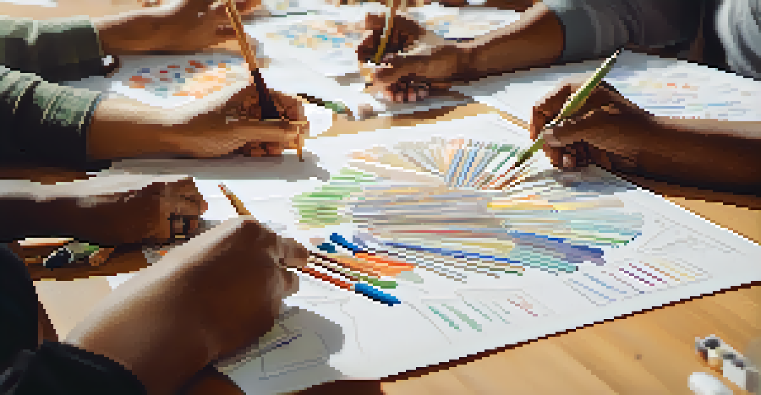 Close-up of diverse hands collaborating in a community workshop, surrounded by materials for brainstorming ideas.