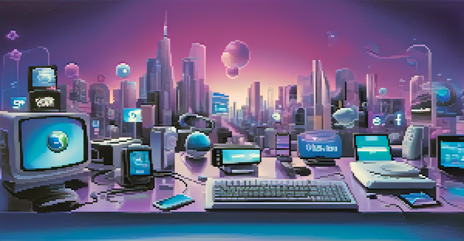 An artistic representation of digital media evolution, with smartphones, social media logos, and streaming icons against a blue and purple gradient.