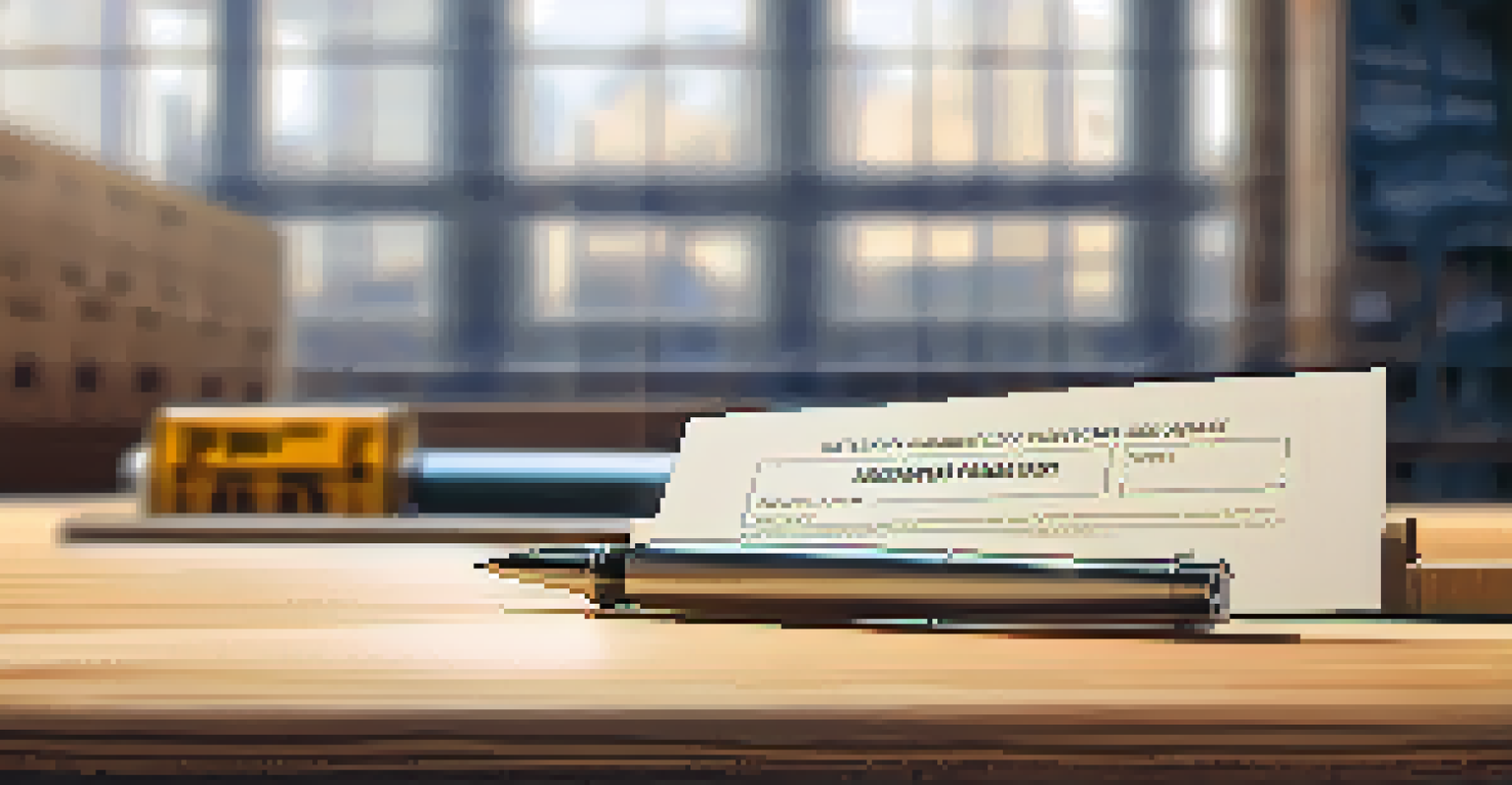 A close-up of a building permit on a wooden desk with a pen, against a blurred construction site background.