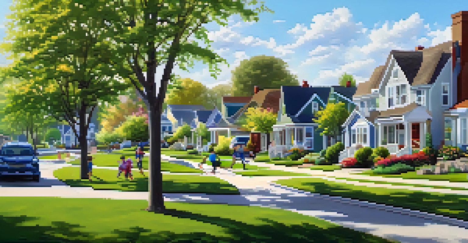 A sunny suburban neighborhood with houses, children playing, and families in the park, surrounded by colorful flowers and greenery.