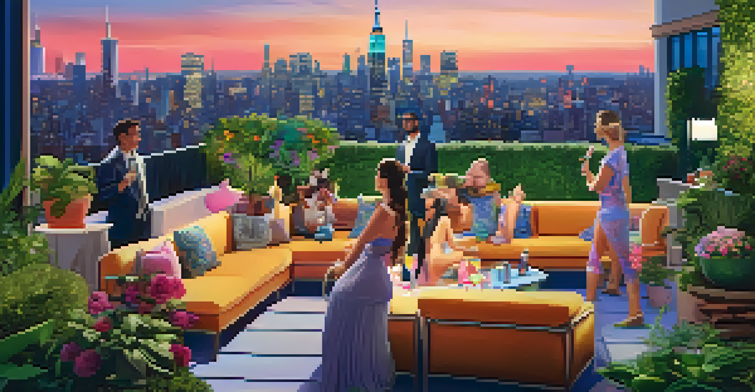A whimsical garden-themed rooftop bar with playful decor and a view of the New York City skyline at night.