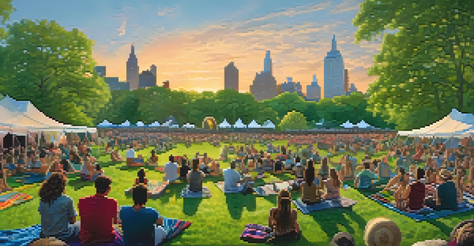 A summer concert in Central Park with diverse audiences enjoying music under a colorful sunset.