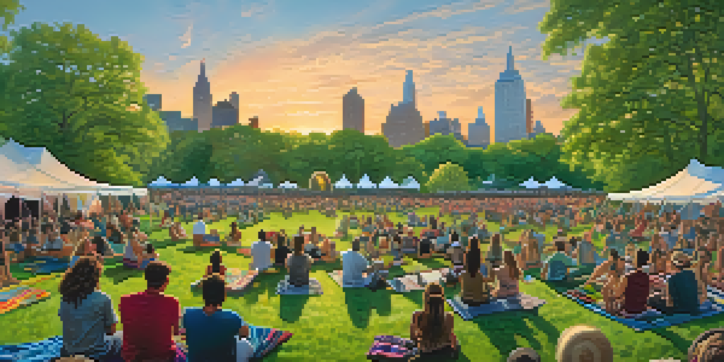A summer concert in Central Park with diverse audiences enjoying music under a colorful sunset.