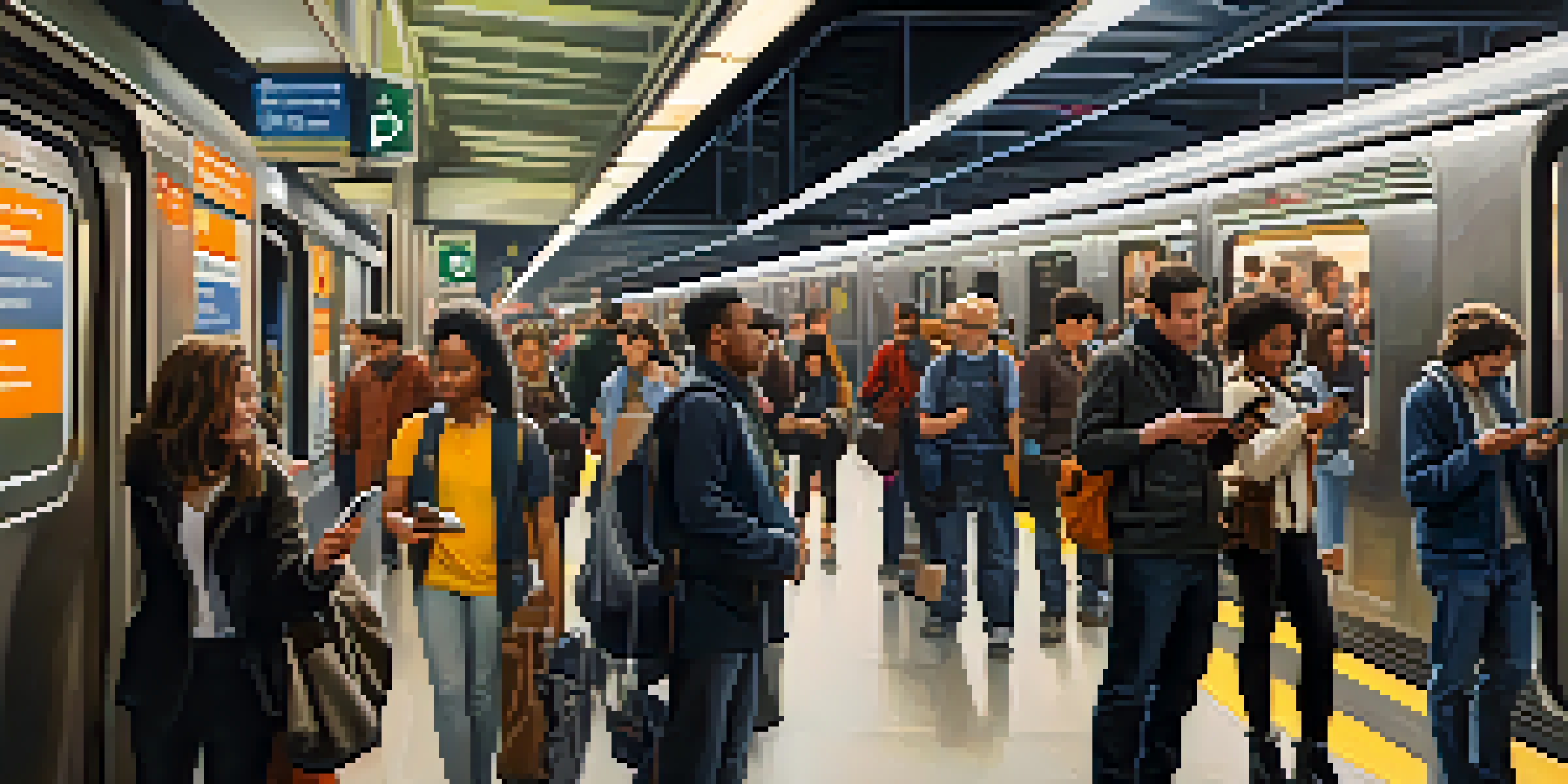 A busy subway station in New York City with commuters using mobile apps for train updates.