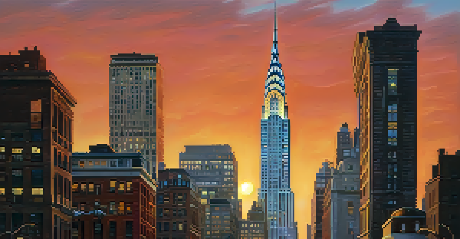 A panoramic view of the New York City skyline with the Chrysler Building in the foreground during sunset.