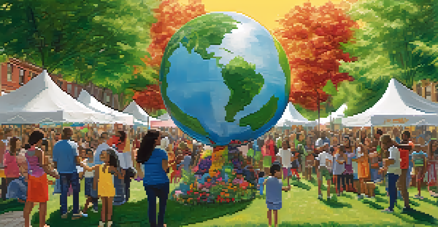 A community event in NYC with people around a globe installation made of recycled materials, engaging in activities promoting cultural awareness and inclusivity.