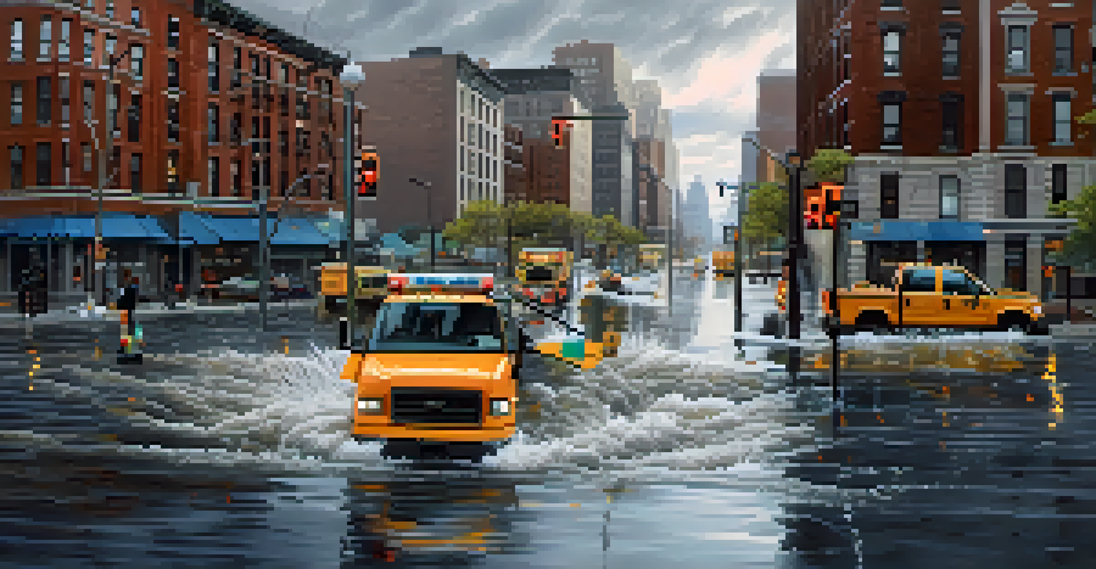 A flooded New York City street after a storm, with emergency responders clearing debris and water reflecting the buildings around them.