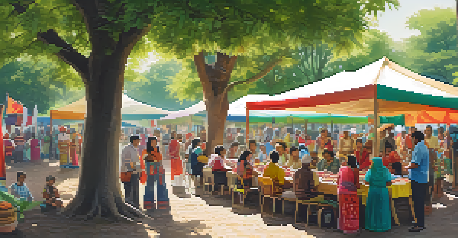 Residents of different ages celebrating in a park, with stalls of crafts and food, surrounded by trees and colorful banners.