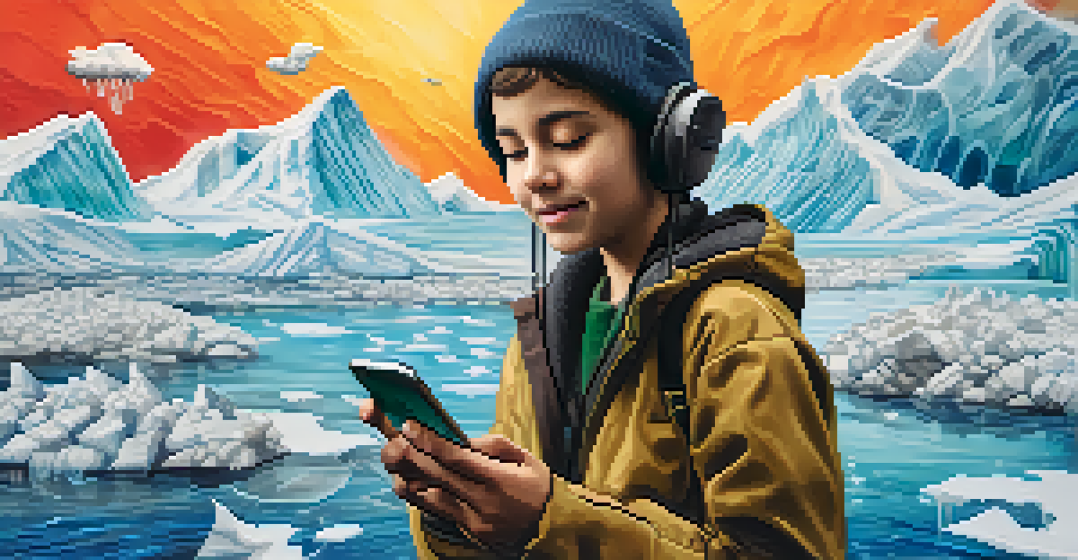 A young activist using a smartphone to post about climate change, with a colorful background of environmental issues.