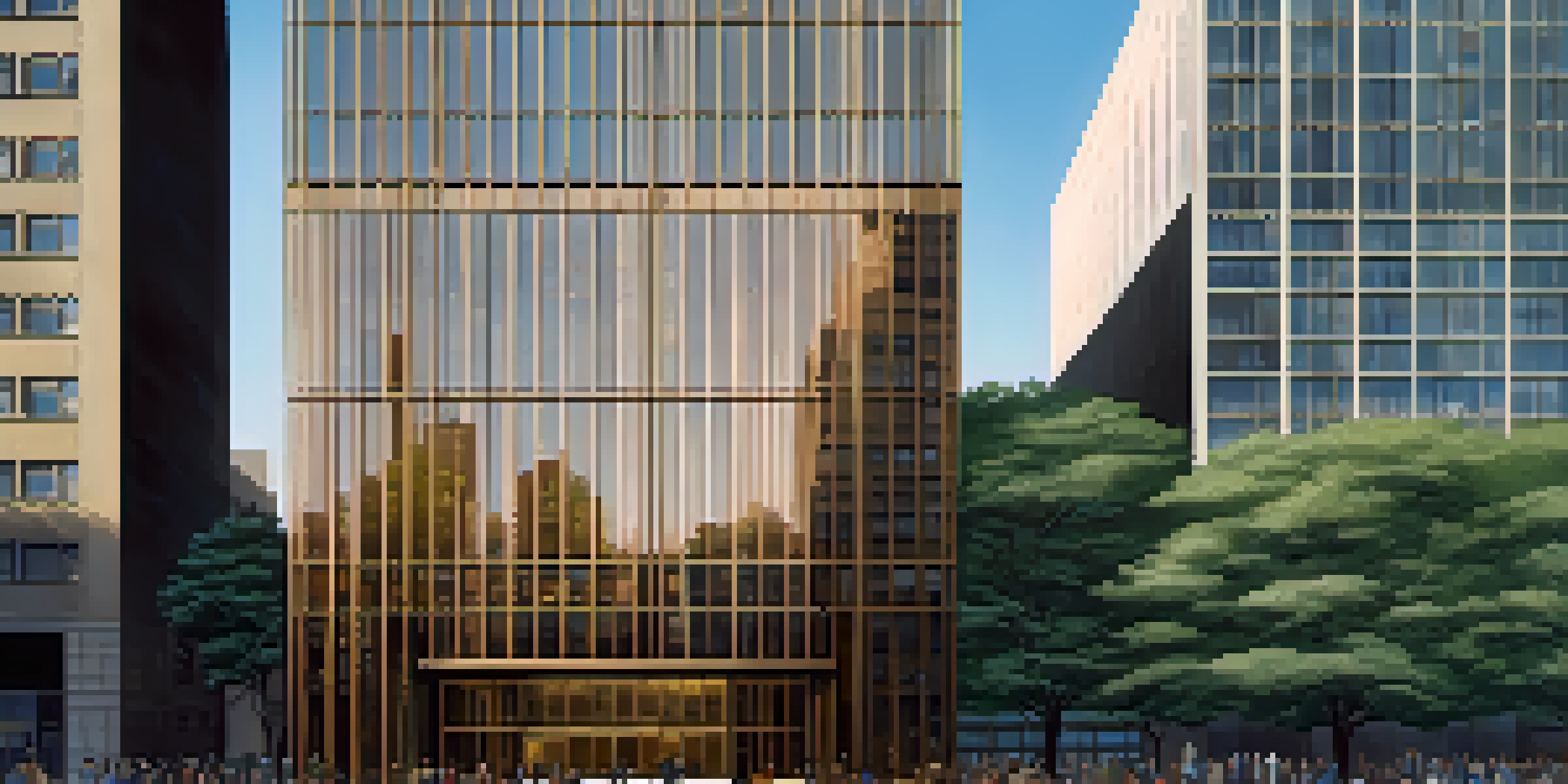 A view of the Seagram Building in New York City, highlighting its glass façade and the surrounding urban environment with people in a public plaza.