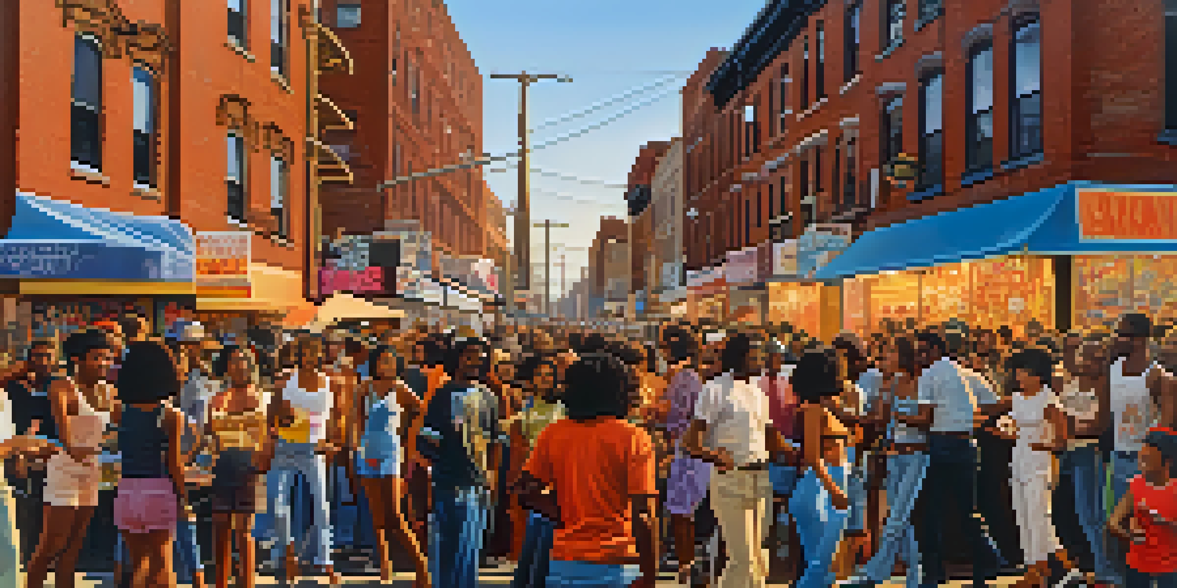 A lively block party in the Bronx with DJ Kool Herc and a diverse crowd enjoying the music under warm street lights.