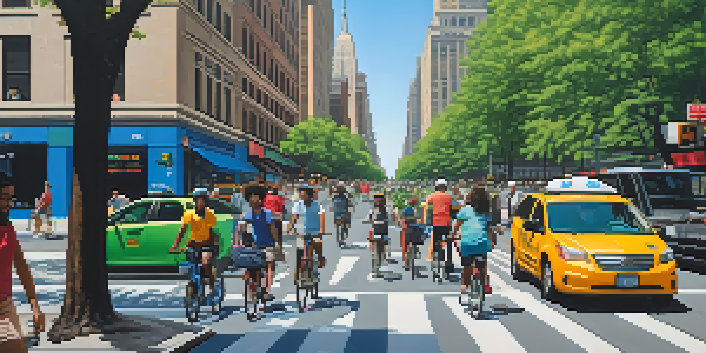 A bustling New York City street with people riding green Citi Bikes, skyscrapers in the background, and pedestrians on the sidewalk.