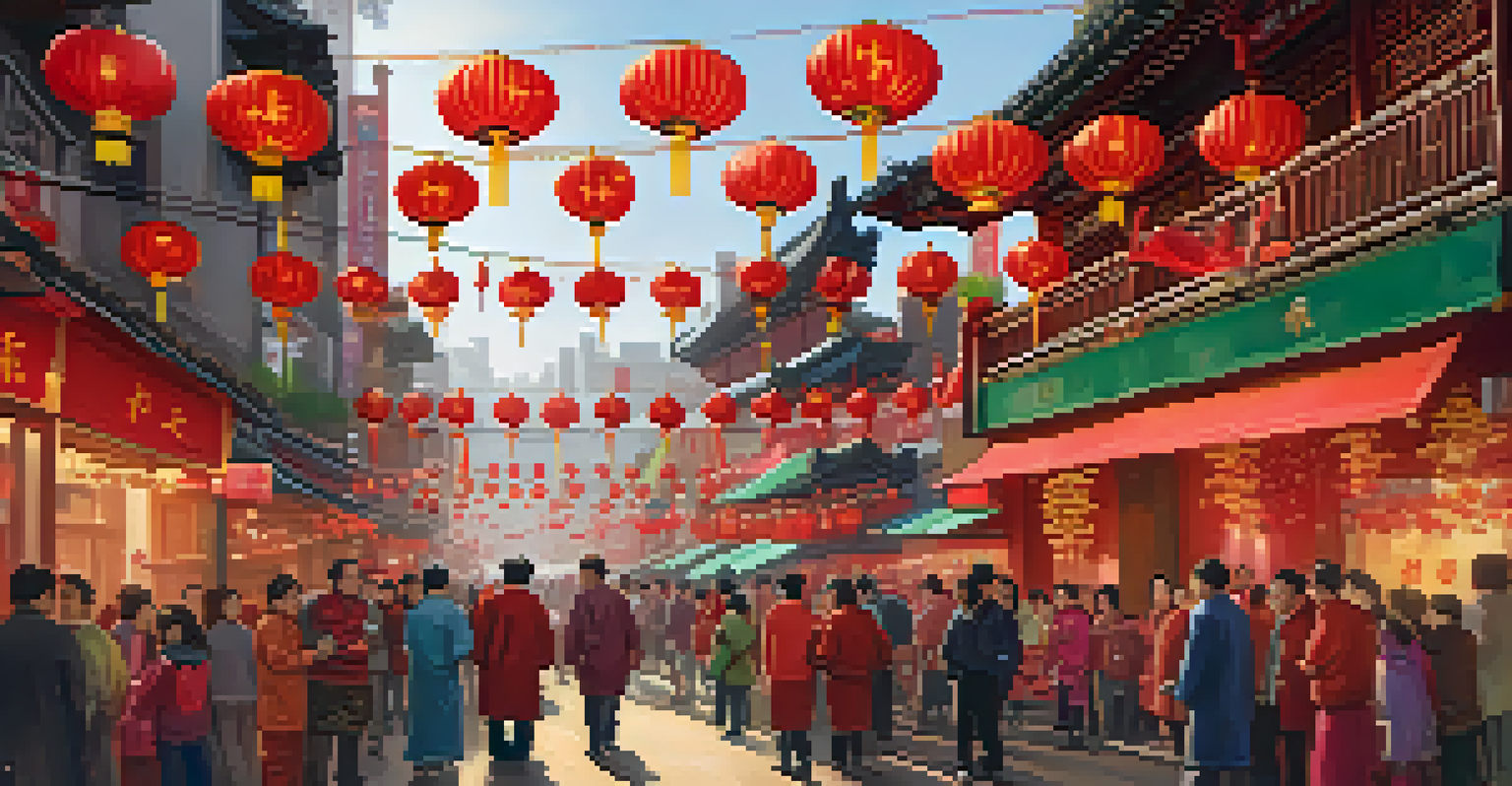 A lively Chinatown street during Lunar New Year, featuring lion dancers, colorful decorations, and people enjoying food stalls.