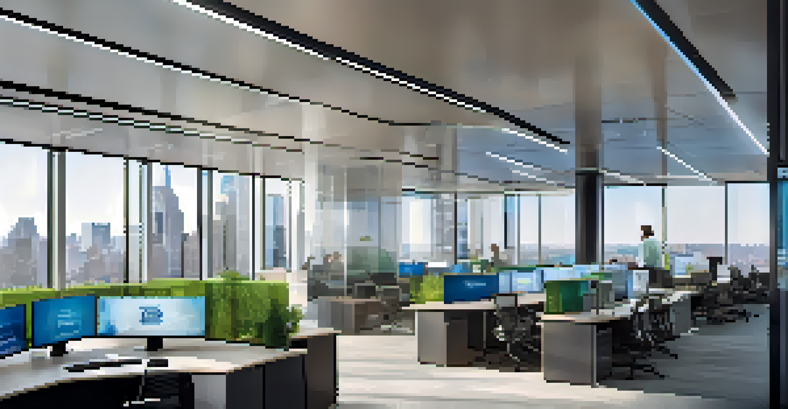 Close-up of a modern fintech office in New York City with advanced technology and collaborative workspaces.