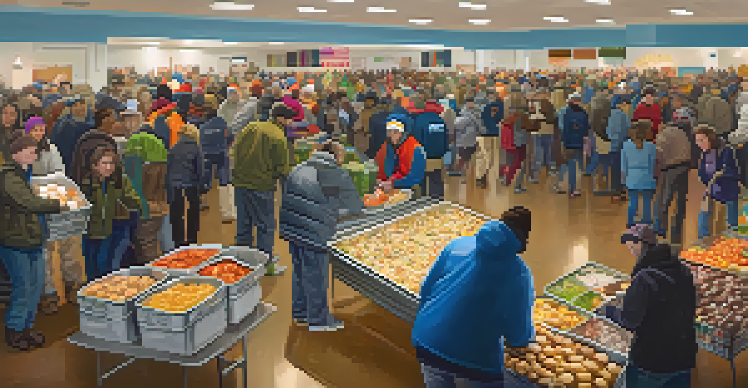 A community center serving as a shelter during Hurricane Sandy, with volunteers helping distribute food and supplies.
