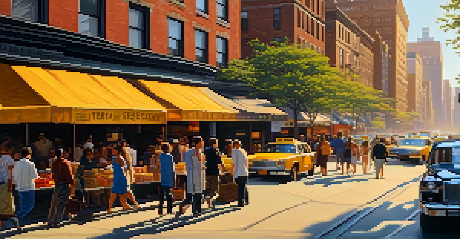 A lively street in New York City at sunset, filled with people, food vendors, and yellow taxis, highlighting the city's architecture and atmosphere.