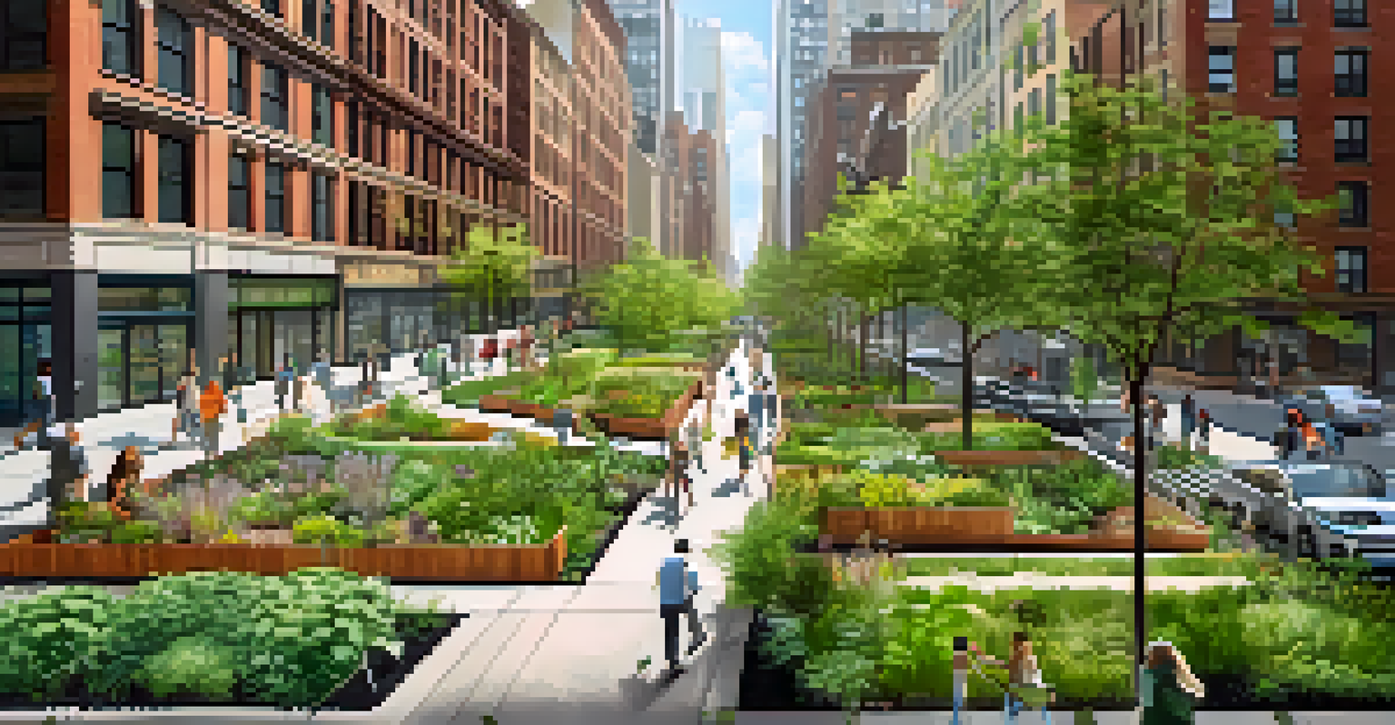 Aerial view of a green infrastructure project in New York City, featuring bioswales and rain gardens amidst urban buildings.