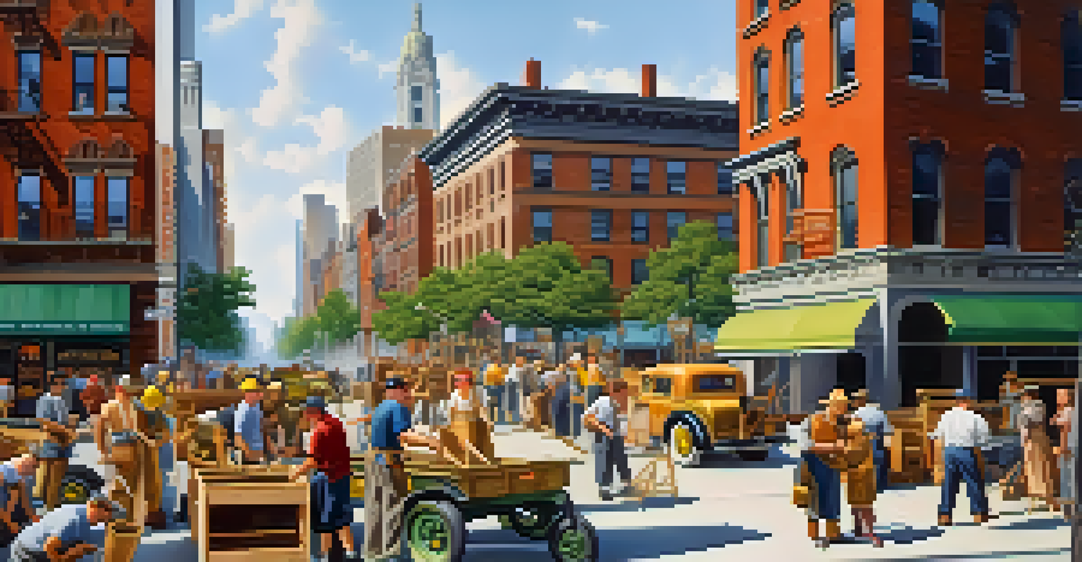 A lively 1930s New York City street scene depicting people involved in New Deal projects and enjoying community activities.