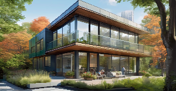 A modern Passive House with large windows, a green roof, and solar panels in a New York City neighborhood surrounded by greenery.