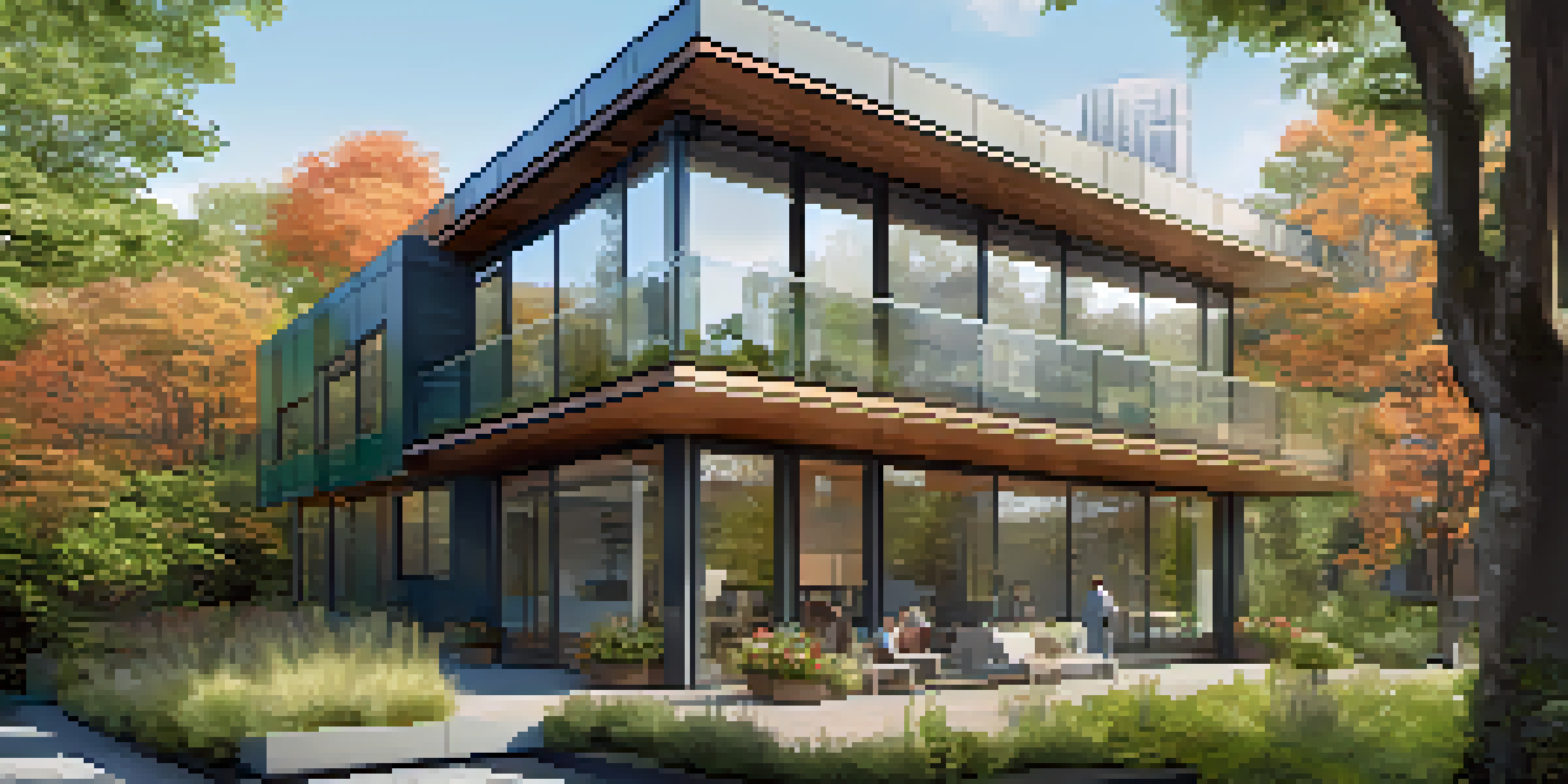 A modern Passive House with large windows, a green roof, and solar panels in a New York City neighborhood surrounded by greenery.