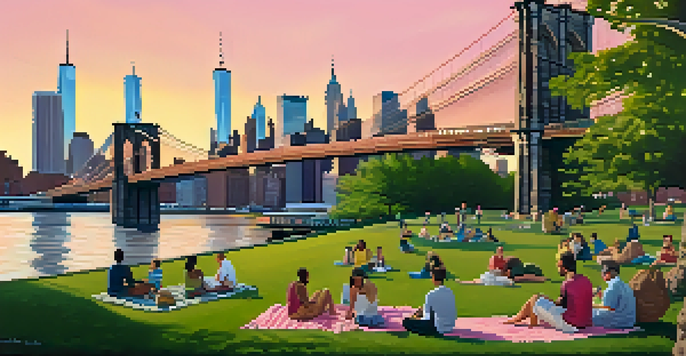 A picturesque sunset at Brooklyn Bridge Park featuring green lawns and people having a picnic with the Manhattan skyline and Brooklyn Bridge in the background.