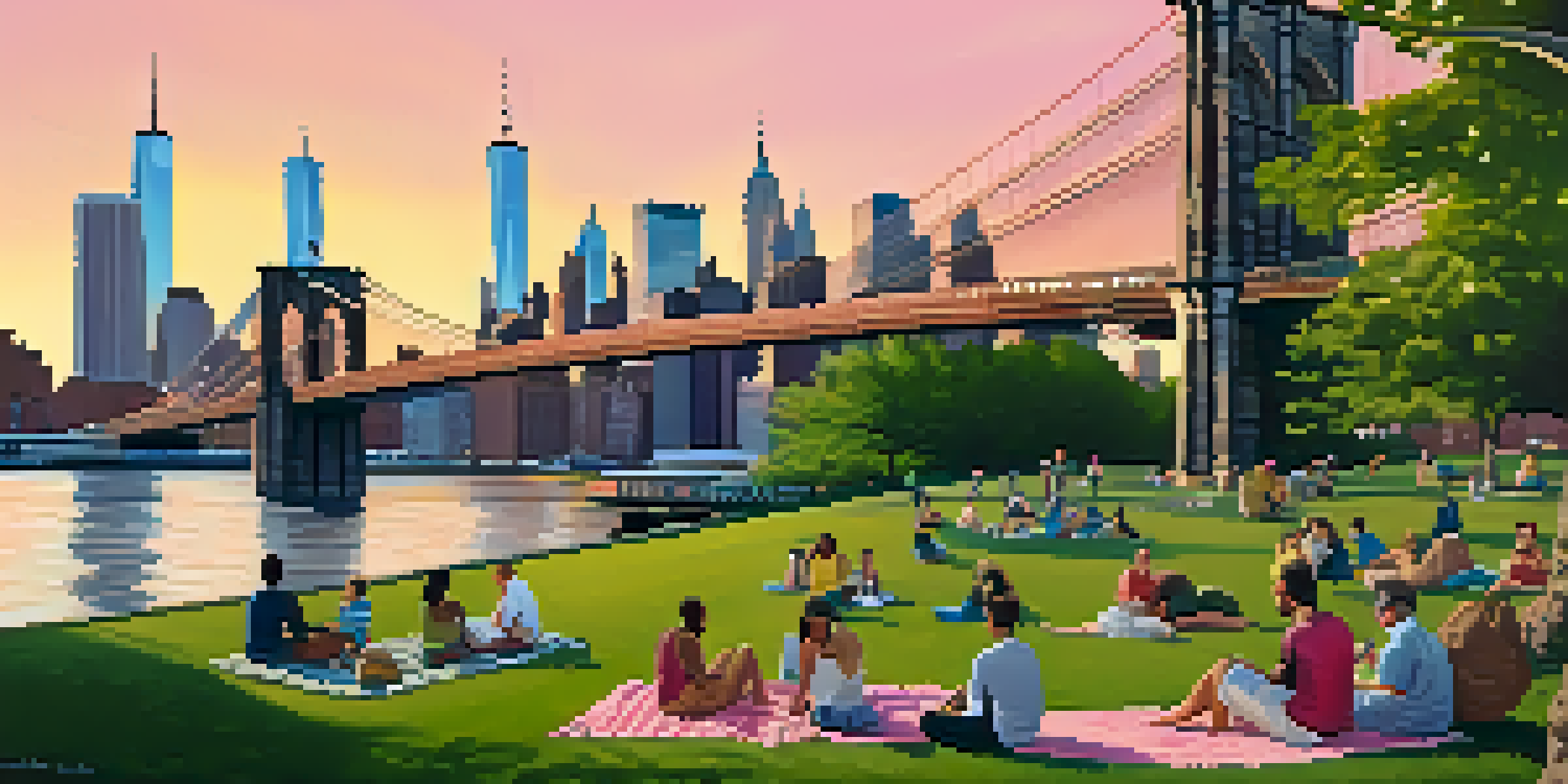 A picturesque sunset at Brooklyn Bridge Park featuring green lawns and people having a picnic with the Manhattan skyline and Brooklyn Bridge in the background.