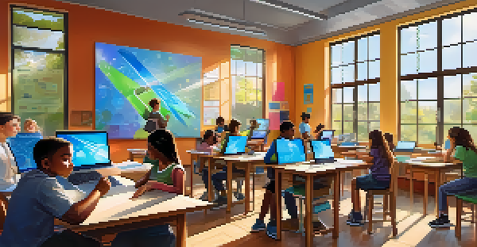 A diverse group of students in a bright classroom using technology tools like tablets and interactive whiteboards, engaged in collaborative learning.