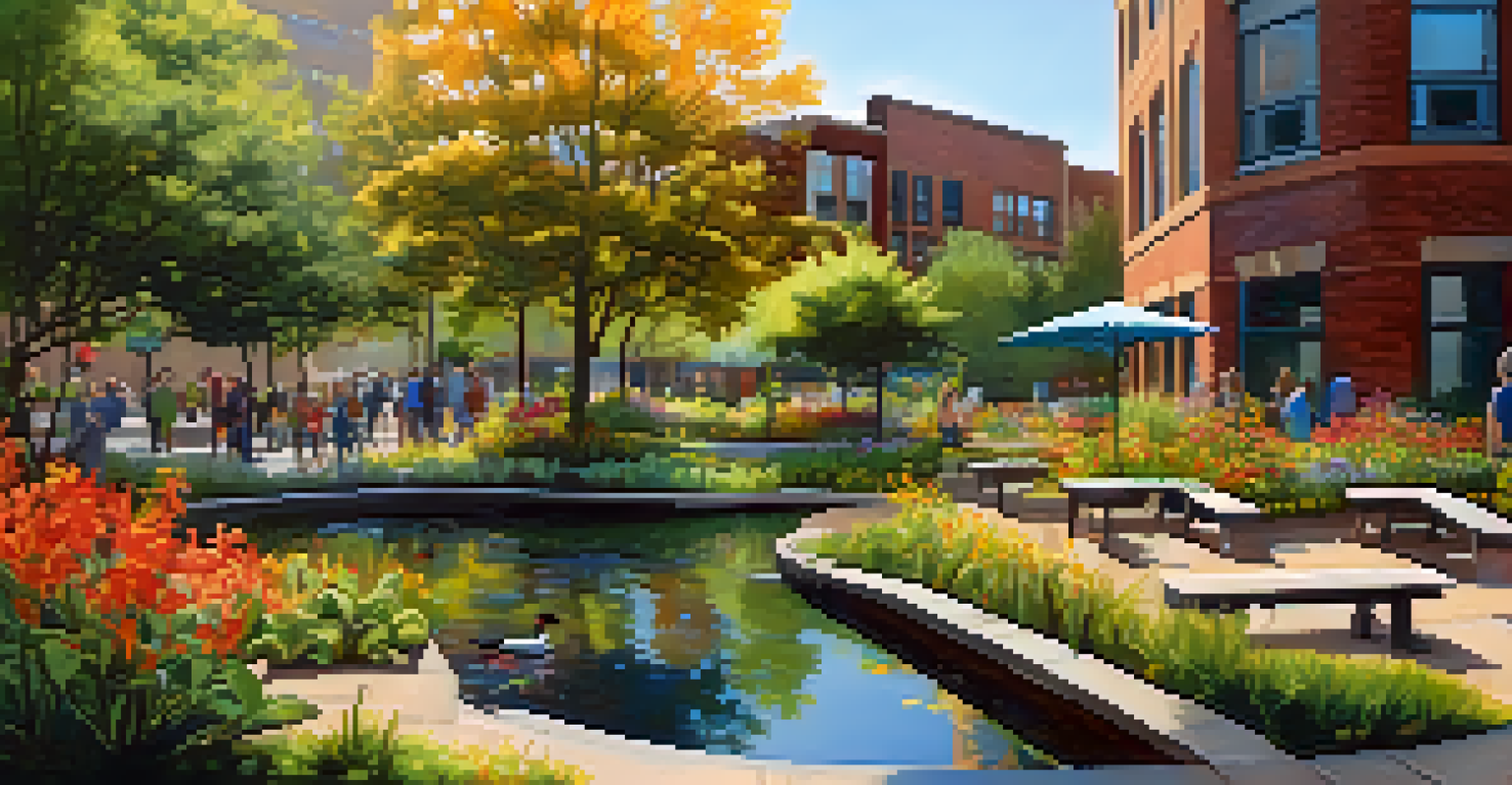 A charming pocket park in the city with native plants, a pond, and benches, filled with butterflies and birds.