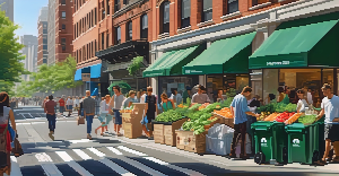 A lively street in New York City with clean sidewalks, recycling and compost bins, and diverse pedestrians under bright sunlight.