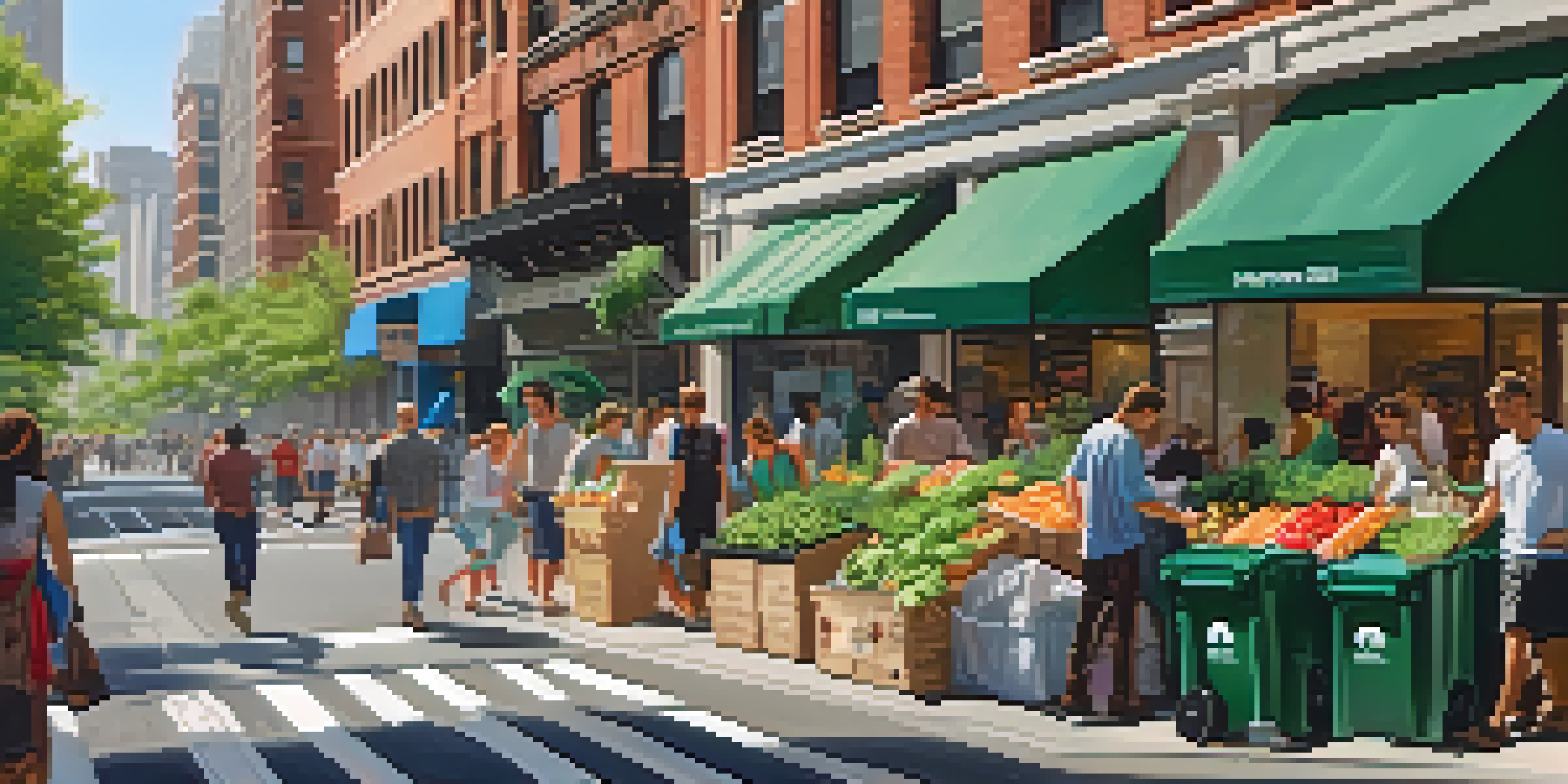 A lively street in New York City with clean sidewalks, recycling and compost bins, and diverse pedestrians under bright sunlight.
