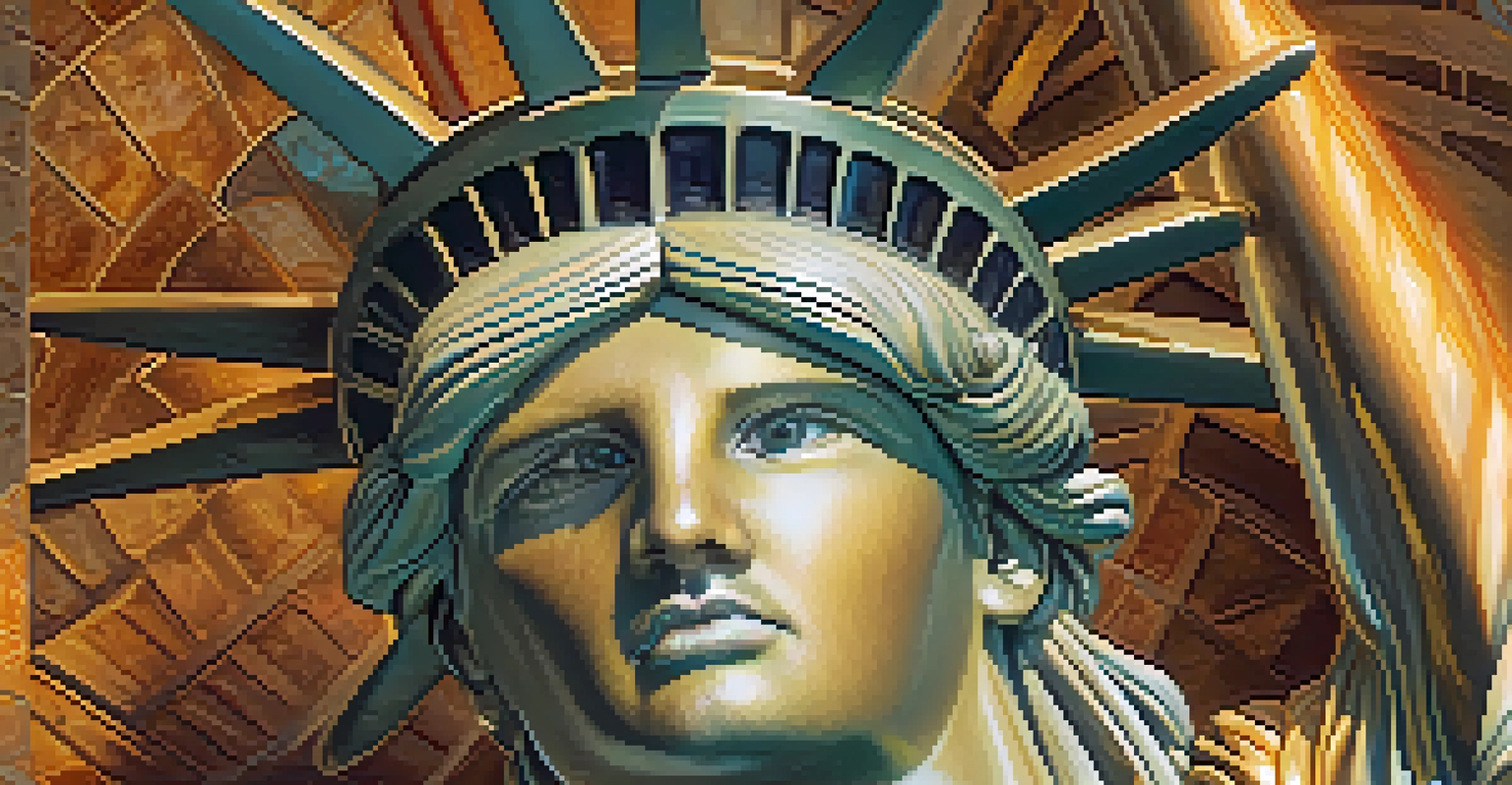 Close-up view of the Statue of Liberty's torch, showcasing intricate details and golden reflections.