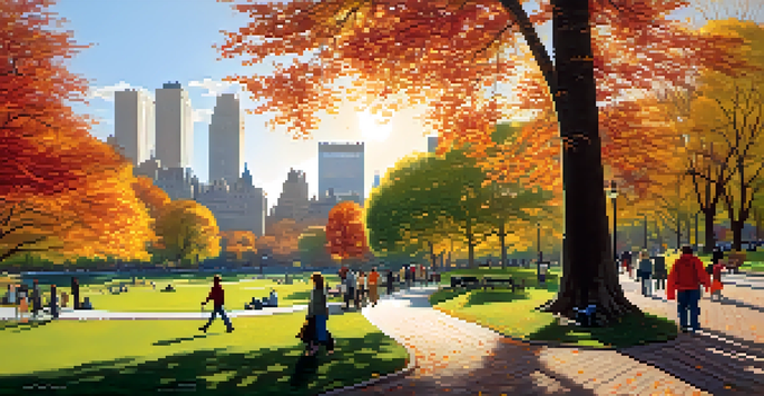 A picturesque autumn scene in Central Park, with colorful leaves, people walking, and families having picnics.