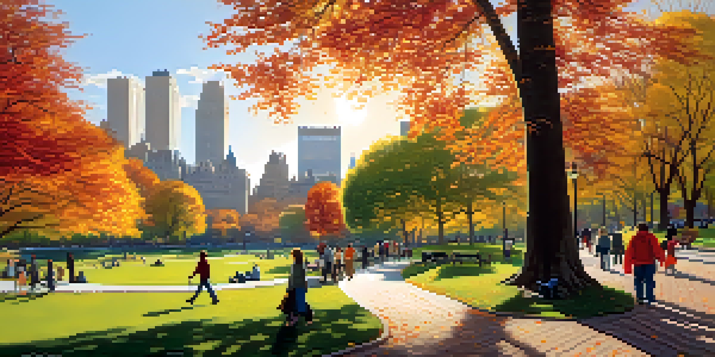 A picturesque autumn scene in Central Park, with colorful leaves, people walking, and families having picnics.