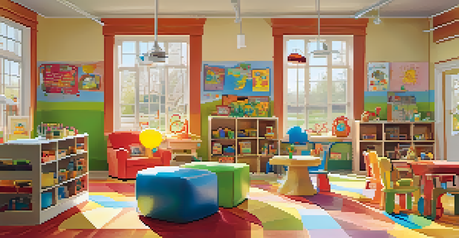 A cheerful family daycare center filled with children playing and engaging in activities, surrounded by colorful decorations and toys.