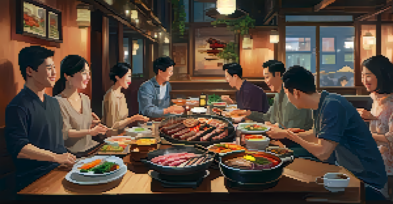 A group of friends enjoying a Korean BBQ meal in a cozy NYC restaurant, with grilled meats and colorful side dishes on the table.