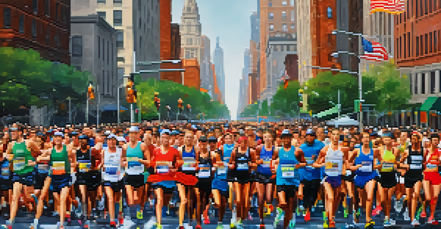 Runners in traditional attire during the New York Marathon, surrounded by cheering spectators and the city skyline.