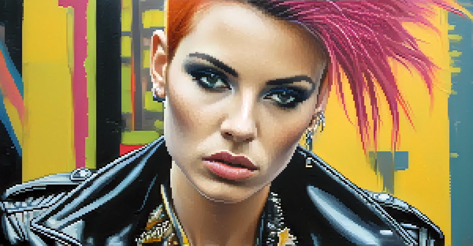 Close-up portrait of a female punk rocker in 1970s NYC, wearing a studded leather jacket and vibrant mohawk, with an urban backdrop and soft natural lighting.