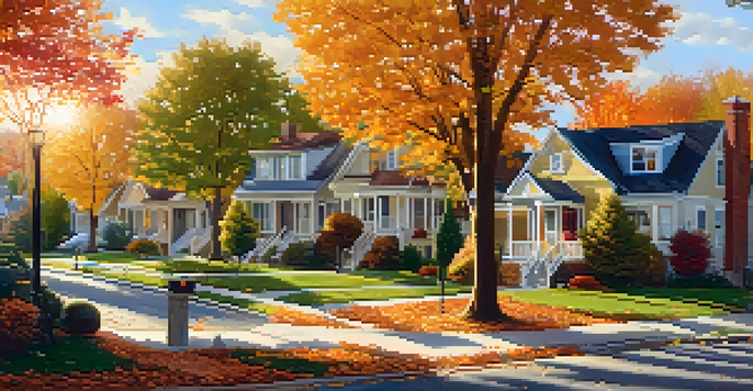 A peaceful suburban neighborhood in autumn with families enjoying the outdoors and colorful trees.